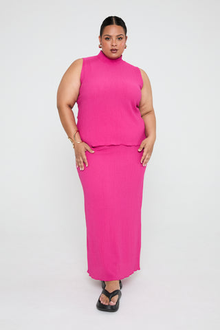 Textured Crinkle Stretch Jersey Maxi Skirt in Hot Pink