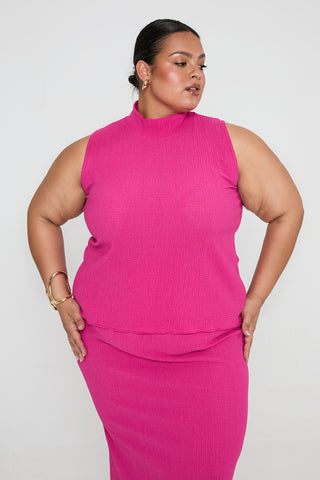 Textured Crinkle High Neck stretch Top in Hot Pink