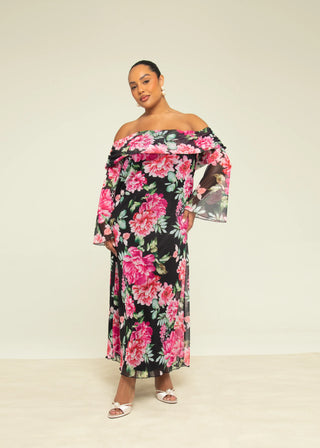 Curve Floral Print Bardot Mesh Midi Dress