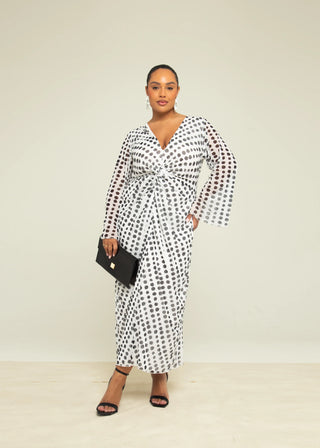 Curve Twist Front Polka Dot Mesh Midi Dress