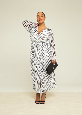 Curve Twist Front Polka Dot Mesh Midi Dress
