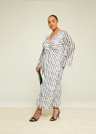 Curve Twist Front Polka Dot Mesh Midi Dress