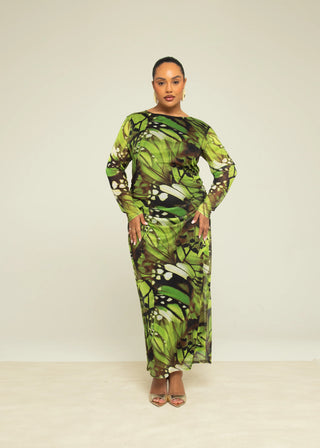 Curve Abstract Print Ruched Mesh Midaxi Dress
