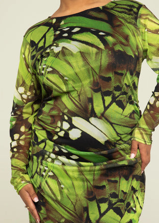 Curve Abstract Print Ruched Mesh Midaxi Dress