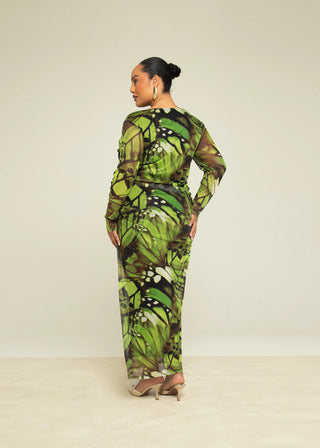 Curve Abstract Print Ruched Mesh Midaxi Dress
