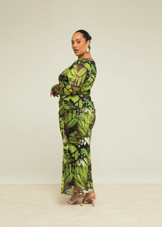Curve Abstract Print Ruched Mesh Midaxi Dress