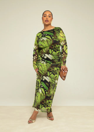 Curve Abstract Print Ruched Mesh Midaxi Dress