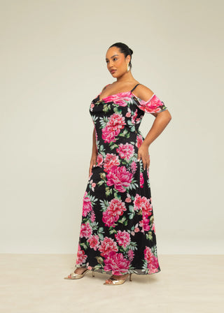 Curve Floral Print Cold Shoulder Maxi Dress