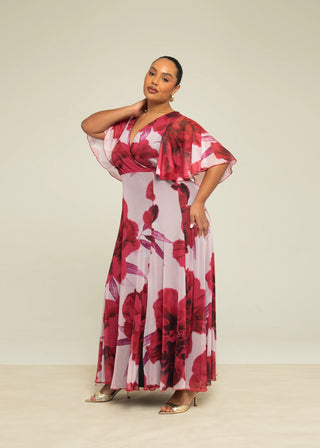 Curve Angel Sleeve Bold Floral Maxi Dress