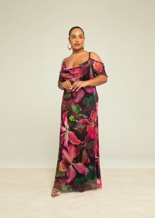 Curve Bold Floral Print Cold Shoulder Mesh Maxi Dress