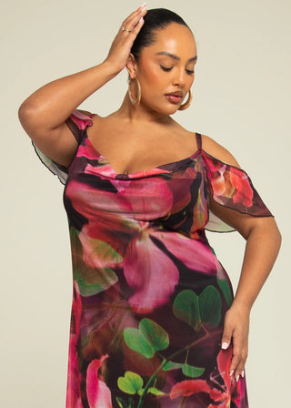 Curve Bold Floral Print Cold Shoulder Mesh Maxi Dress