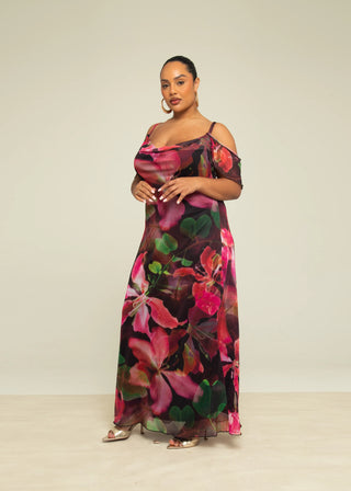 Curve Bold Floral Print Cold Shoulder Mesh Maxi Dress