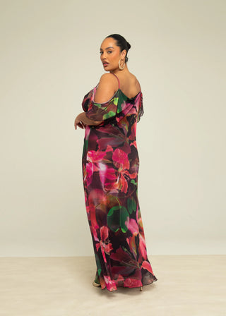 Curve Bold Floral Print Cold Shoulder Mesh Maxi Dress