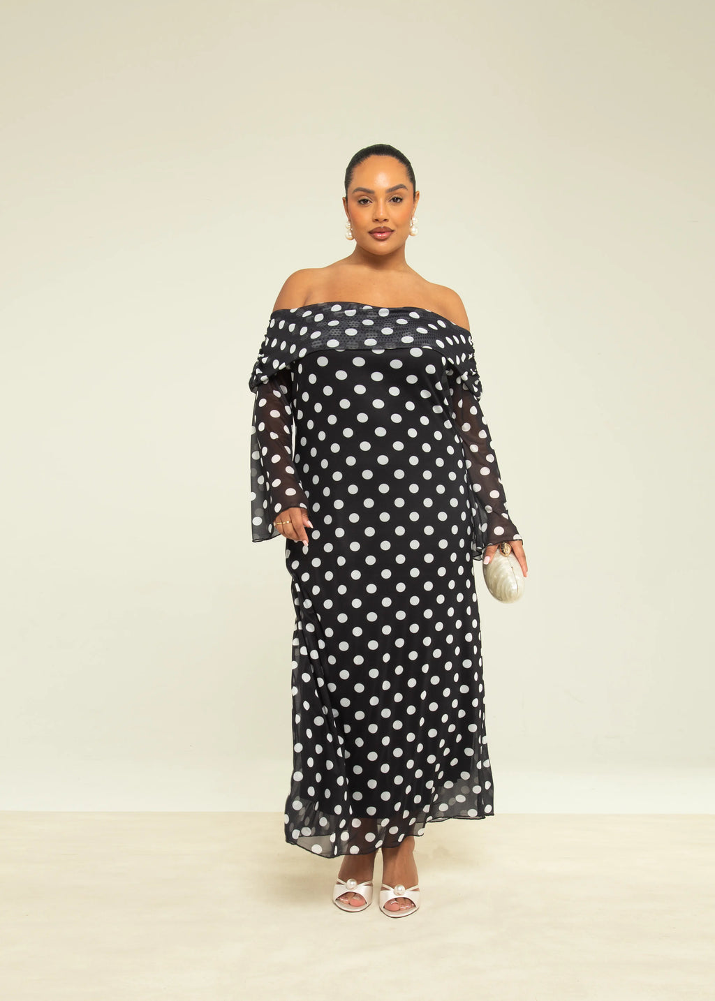 Berta | Navy And White Polka-Dot Square-Neck Midi Dress