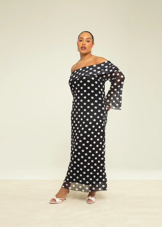 Curve Polka Dot Bardot Mesh Midi Dress