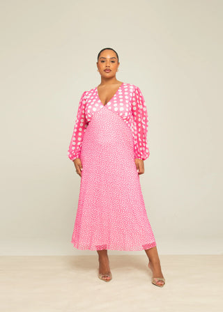 Curve Mixed Polka Dot Balloon Sleeve Midi Dress