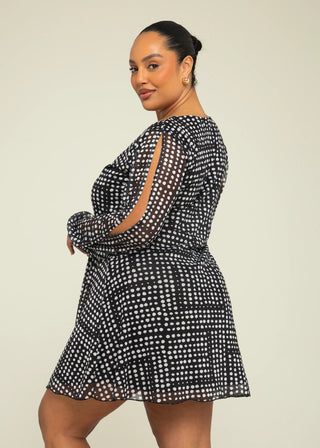 Curve Polka Dot Split Sleeve Mesh Swing Dress