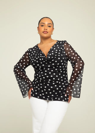 Curve Polka Dot Cowl Neck Flare Sleeve Top