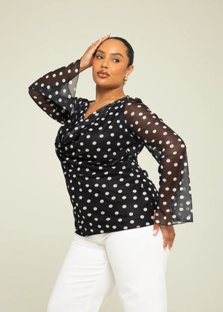 Curve Polka Dot Cowl Neck Flare Sleeve Top
