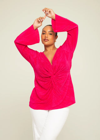 Curve Twist Front Plisse Flare Sleeve Blouse