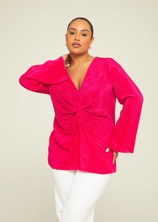 Curve Twist Front Plisse Flare Sleeve Blouse