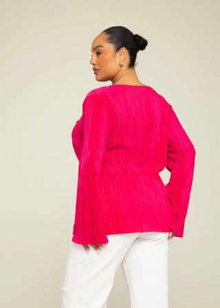 Curve Twist Front Plisse Flare Sleeve Blouse