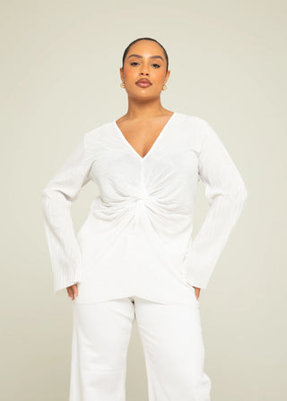 Curve Twist Front Plisse Flare Sleeve Blouse