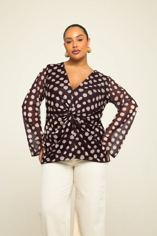 Curve Polka Dot Twist Front Flare Sleeve Mesh Blouse