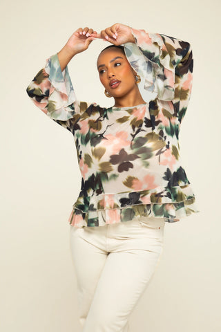 Curve Floral Print Ruffle Sleeve Swing Style Mesh Blouse