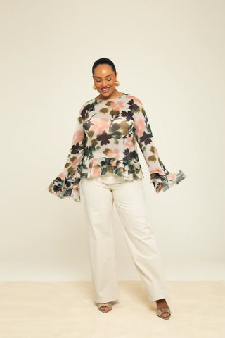 Curve Floral Print Ruffle Sleeve Swing Style Mesh Blouse