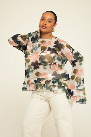 Curve Floral Print Ruffle Sleeve Swing Style Mesh Blouse