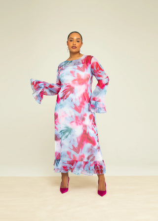 Curve Blurred Floral Ruffle Swing Maxi Dress