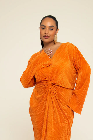 Curve Twist Front Plisse Flare Sleeve Midaxi Dress