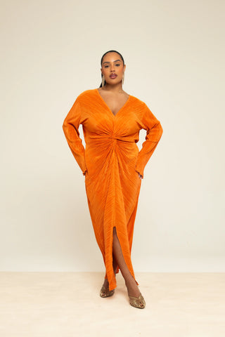 Curve Twist Front Plisse Flare Sleeve Midaxi Dress