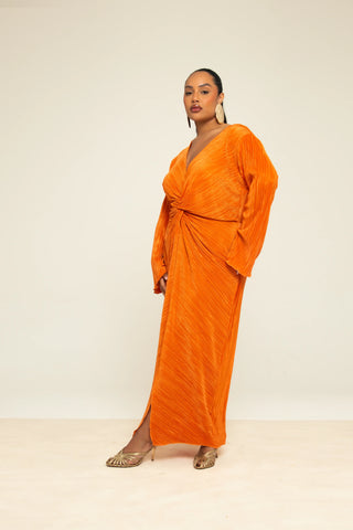 Curve Twist Front Plisse Flare Sleeve Midaxi Dress