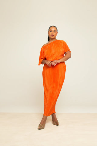 Curve Plisse drop shoulder midi dress in bright orange