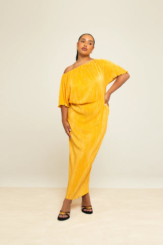 Curve Plisse drop shoulder midi dress in yellow