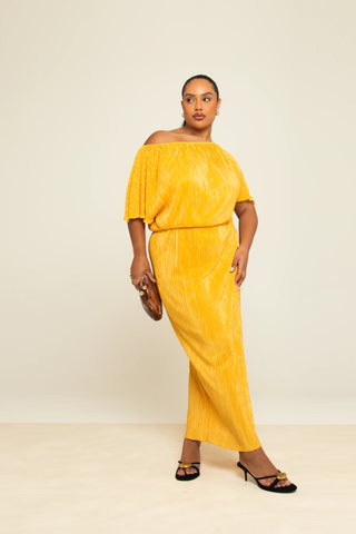Curve Plisse drop shoulder midi dress in yellow