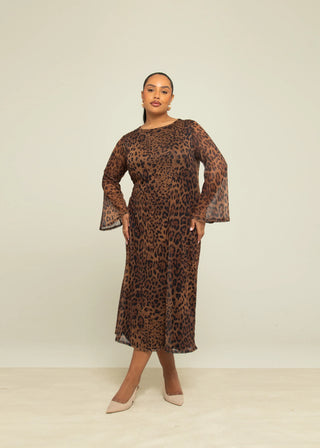 Curve Brown Leopard Print Flare Sleeve Midaxi Dress