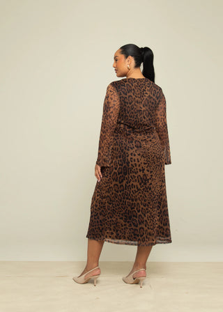 Curve Brown Leopard Print Flare Sleeve Midaxi Dress