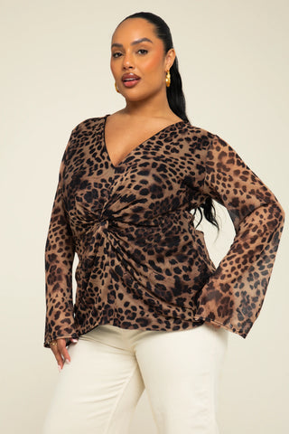 Curve Leopard Print Twist Front Flare Sleeve Mesh Blouse