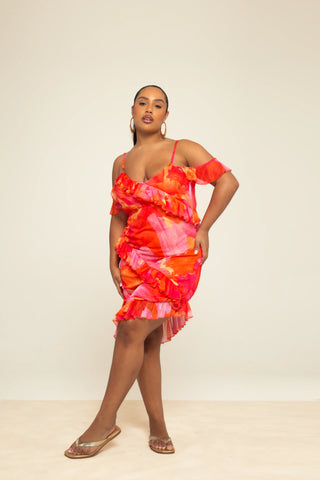 Curve Strappy Abstract Floral Ruffle Mini Dress