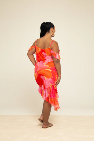 Curve Strappy Abstract Floral Ruffle Mini Dress