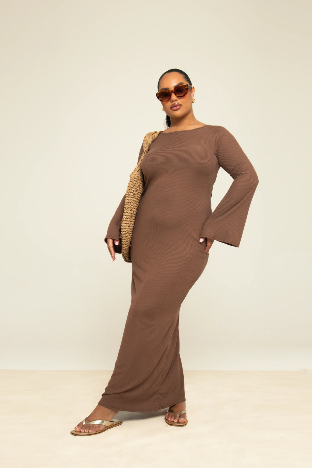 Plus Size Brown Ribbed Flare Sleeve Maxi Dress