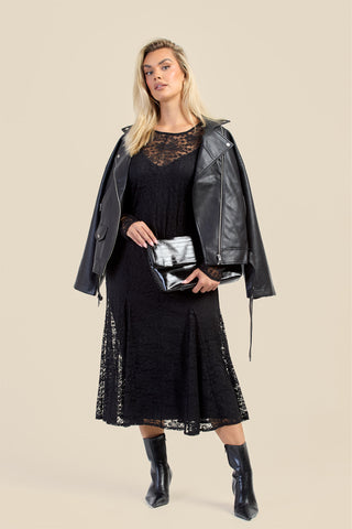Curve Long Sleeve Lace Godet Hem Midaxi Dress