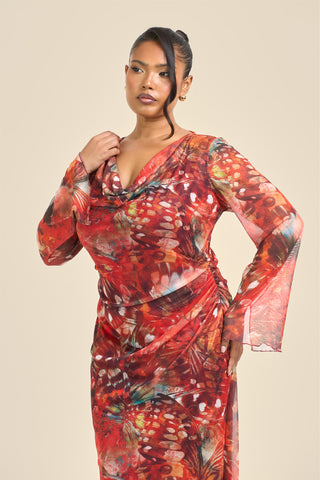 Curve Cowl Neck Abstract Butterfly Flare Sleeve Maxi Dress