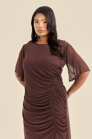 Plus Size Ruched Angel Sleeve Midi Dress