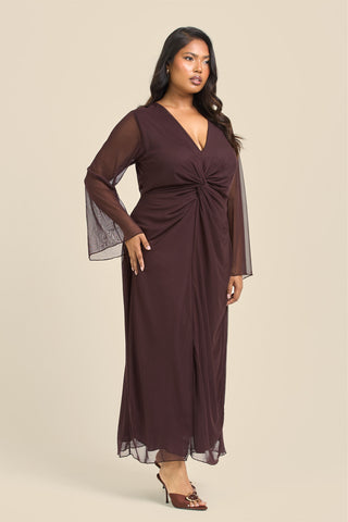 Curve Twist Front Plain Mesh Midaxi Dress