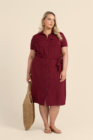 Curve Button Front Belted Shirt Dress