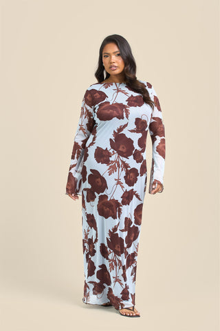 Curve Flare Sleeve Floral Print Mesh Maxi Dress